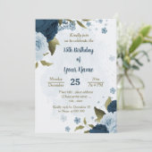 淡い青とネイビーの花の植物学的な誕生日 招待状 (スタンド正面)