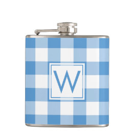 淡い青と白の格子柄（モノグラム付き） フラスク
