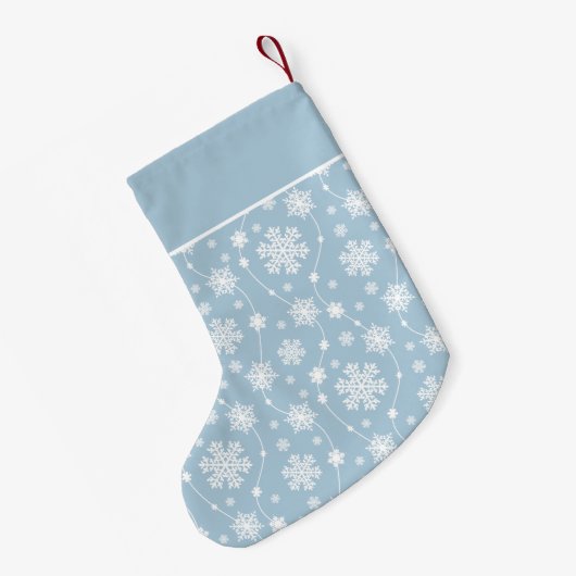 淡い青と白の流れるスノーフレークのパターン スモールクリスマスストッキング (裏面 (吊り時))