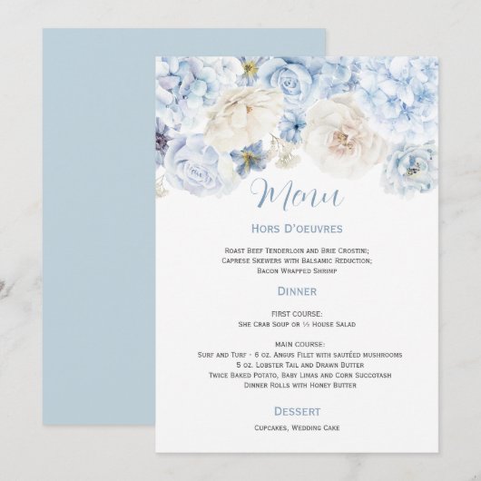 淡い青と白の花のウェディングメニュー 招待状 (正面/裏面)