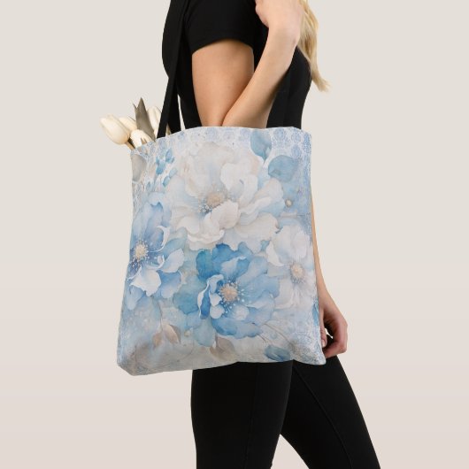 淡い青と白の花柄 トートバッグ (クローズアップ)
