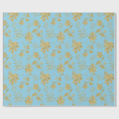 淡い青と金の色の植物と葉 ラッピングペーパー (フラット)