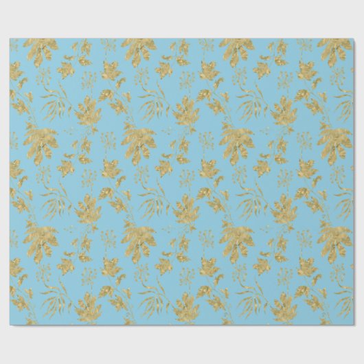 淡い青と金の色の植物と葉 ラッピングペーパー (フラット)
