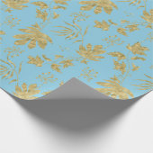 淡い青と金の色の植物と葉 ラッピングペーパー (角)