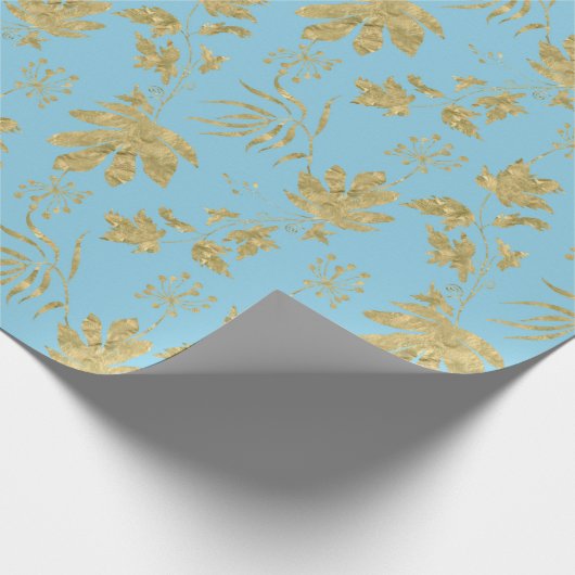 淡い青と金の色の植物と葉 ラッピングペーパー (角)