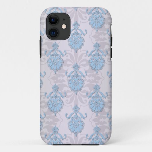 淡い青と銀白色のダマスク模様 Case-Mate iPhoneケース (裏面)