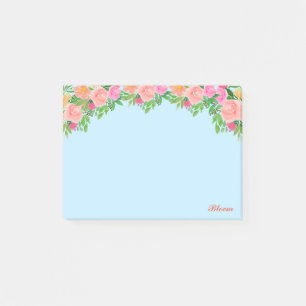 淡い青にピンクの花とカリグラフィー ポストイット