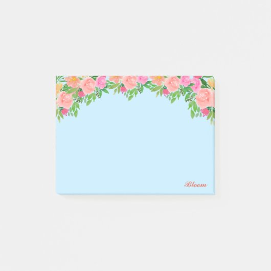 淡い青にピンクの花とカリグラフィー ポストイット (正面)