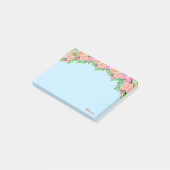 淡い青にピンクの花とカリグラフィー ポストイット (アングル)