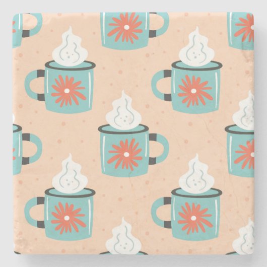 淡い青のカップのシームレスパターン。 ストーンコースター (正面)