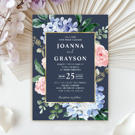 淡い青のハイドランジアとパステルピンクのバラのウェディング 招待状