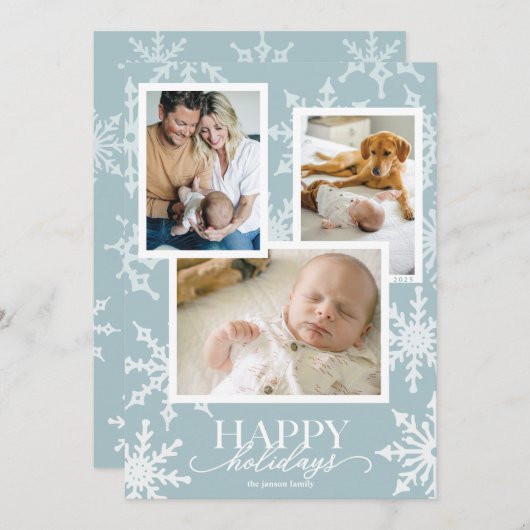 淡い青のパステルカラーの雪の結晶のコラージュ シーズンカード (正面/裏面)