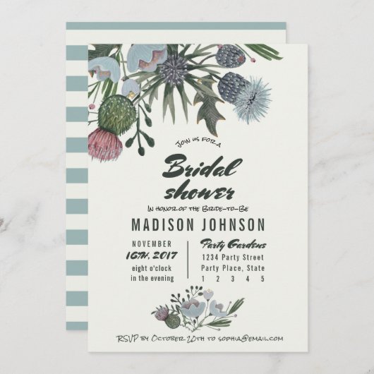 淡い青のワイルド フラワー | ブライダル シャワー 招待状 (正面/裏面)