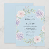 淡い青の優雅な植物の結婚式 招待状 (正面/裏面)
