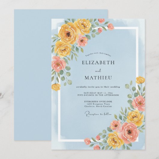 淡い青の喜びに満ちた春のウェディング 招待状 (正面/裏面)