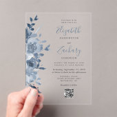 淡い青の水彩花束とQRコードのウェディング アクリル招待状 (インサイチュ (ポータブル))