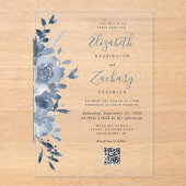淡い青の水彩花束とQRコードのウェディング アクリル招待状 (正面)