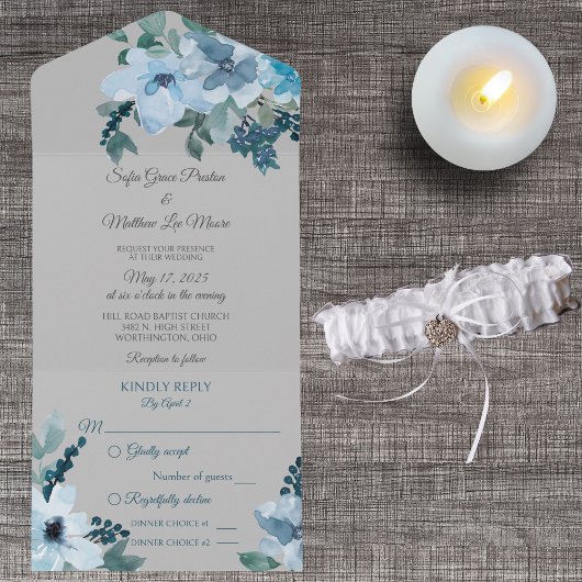 淡い青の水彩花模様（パステルグレイの背景） オールインワン招待状