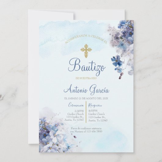 淡い青の男の子の洗礼招待状 招待状 (正面)