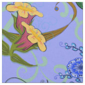 淡い青の背景にフェアライランドの花 ファブリック (クローズアップ)