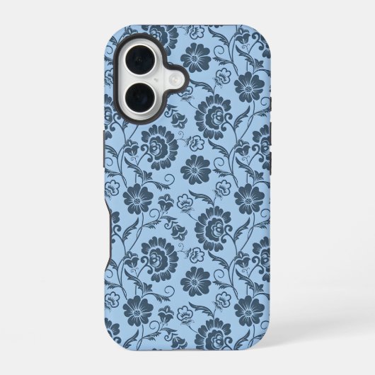 淡い青の背景に優雅な花模様 iPhone 16ケース (裏面)