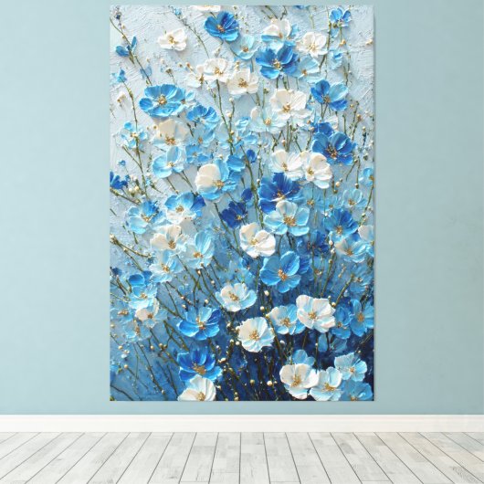 淡い青の背景に青と白の花 キャンバスプリント (インサイチュ (ウッドフロア))