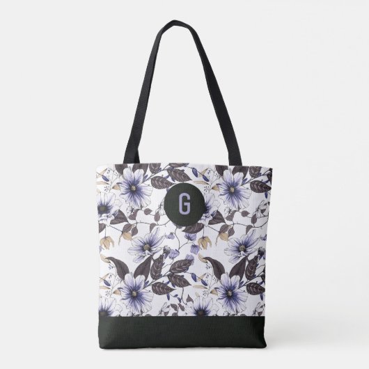 淡い青の花の緑の葉カスタムのモノグラム トートバッグ (裏面)