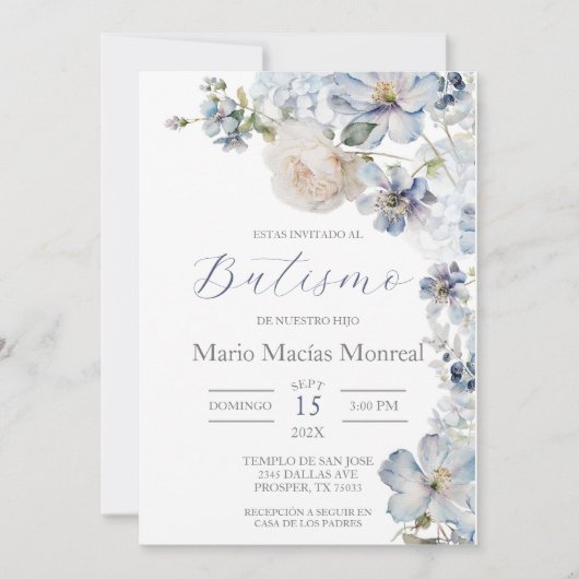 淡い青の花柄 洗礼 スペイン語招待状 招待状 (正面)