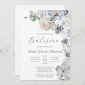 淡い青の花柄 洗礼 スペイン語招待状 招待状 (正面/裏面)