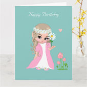 淡い青の誕生日に花を飾ったかわいい妖精の女の子 カード (黄色い花)