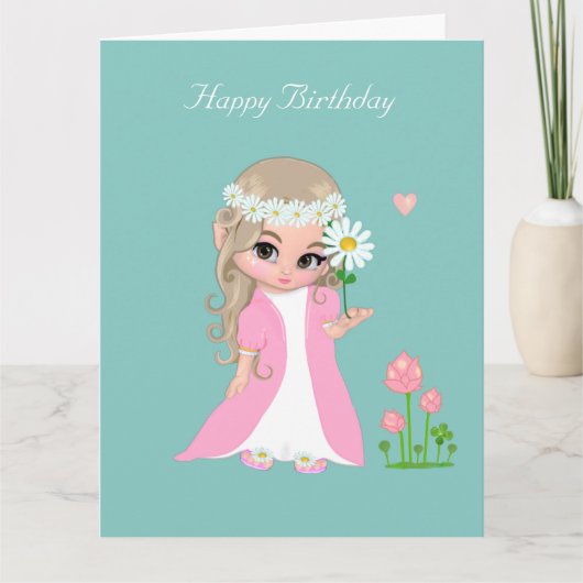 淡い青の誕生日に花を飾ったかわいい妖精の女の子 カード (正面)
