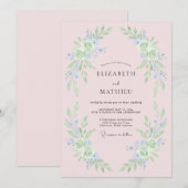淡い青の遊び心ある花の結婚式 招待状 (正面/裏面)