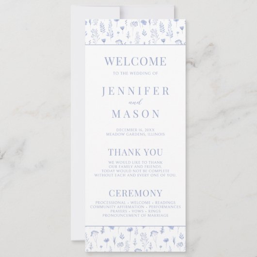 淡い青の野の花のラスティックな結婚式プログラムカード (正面)