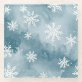 淡い青の雪の花　水彩画の冬 ガラスコースター (正面)