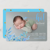 淡い青の「こんにちは」葉と出産発表 案内状 (正面/裏面)