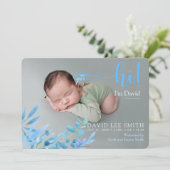 淡い青の「こんにちは」葉と出産発表 案内状 (スタンド正面)