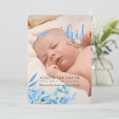 淡い青の「こんにちは」葉と出産発表 案内状 (スタンド正面)
