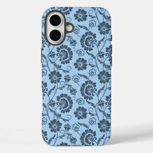 淡い青を背景にした上品な花柄 iPhone 16 PLUSケース