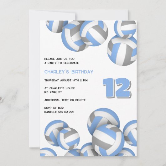 淡い青灰色のバレーボール　誕生日またはチームパーティー 招待状 (正面)