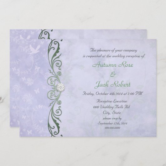 淡い青紫色の春の花を飾った結婚式の披露宴 招待状 (正面/裏面)