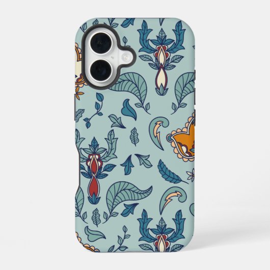 淡い青色の背景に華やかな花柄 iPhone 16ケース (裏面)