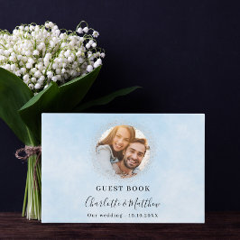 淡い青色の銀色の写真の輝結婚き ゲストブック