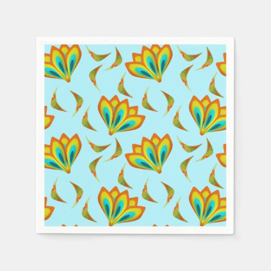 淡い鮮やか青色の背景の花柄 スタンダードカクテルナプキン (正面)