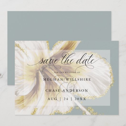 淡い黄色とアイボリーのトロピカルフラワー・ウォーターカラー・シリーズ セーブザデート (正面/裏面)