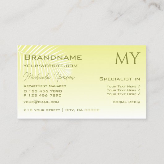 淡い黄色のグラデーションとパームの葉（モノグラム付き） 名刺 (裏面)