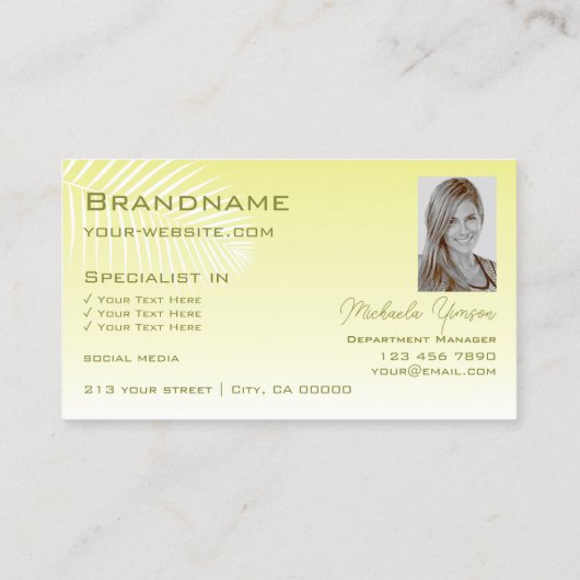 淡い黄色のグラデーションの手のひらの葉のロゴと写真 名刺 (裏面)