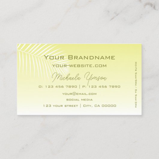 淡い黄色のグラデーション椰子の葉モノグラム単純 名刺 (裏面)