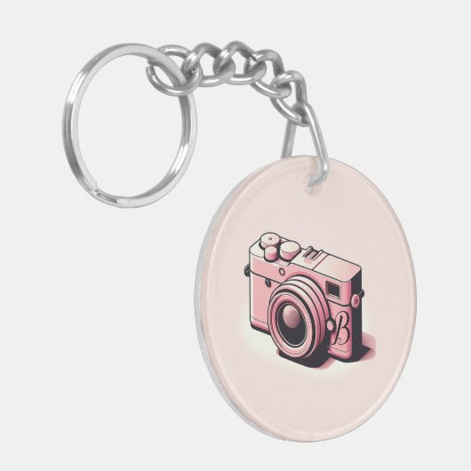 淡ガーリーピンクのカメラ撮パーソナライズされた影 キーホルダー (正面左)