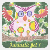 淡桃色フクロウの緑の報酬ステッカー スクエアシール (正面)