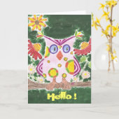 淡桃色フクロウ（緑のグリーティングカード付き） カード (黄色い花)